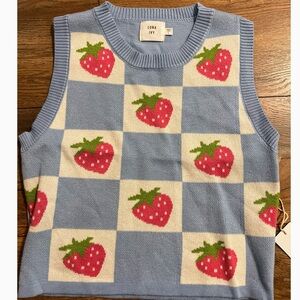 Luna Ivy Size Large (Juniors) Blue White Checked Strawberry Knit Tank Top NWT